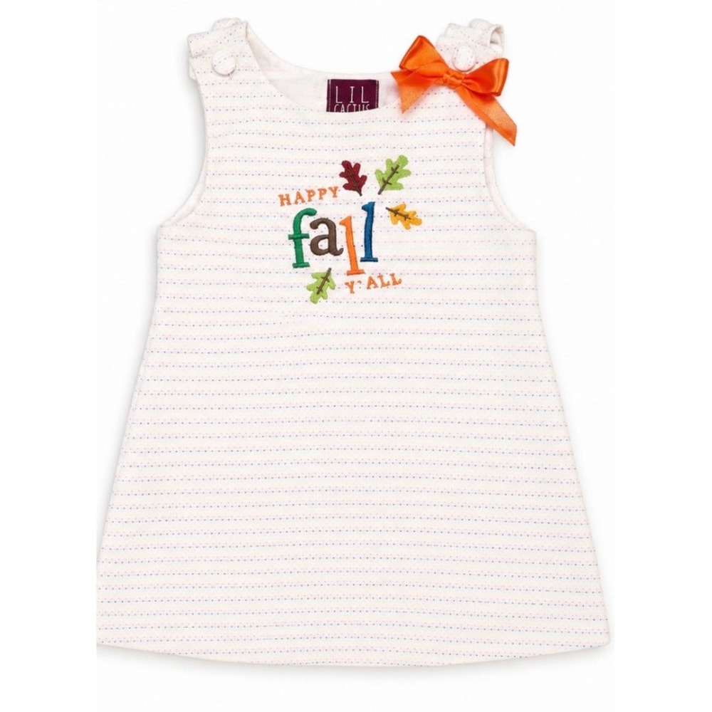 Lil Cactus Girls Happy Fall Y All Embroidered Jumper Dress White Orange Bow 5Y